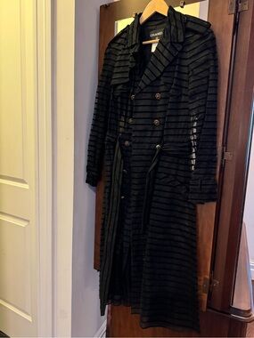 CHANEL Black Sheer Striped Double-Breasted Trench (missing one stone on button)